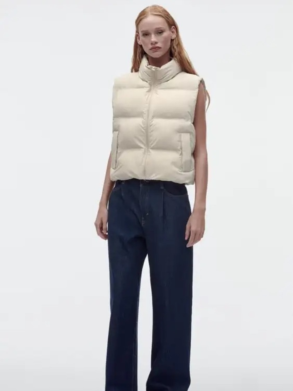 Zara Cream Beige Quilted Puffer Vest with High Collar Padded Gilet Cropped XS